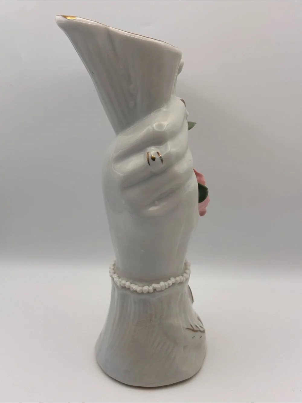 Vintage Ceramic Lady's Hand Holding Vase Figural Bud Vase, Pink Rose Decor